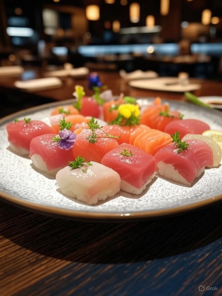 High-end infused sushi, crudo, and seafood preparations